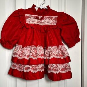 Vintage Baby Girls Red and White Lace Christmas Holiday Dress 18 Months